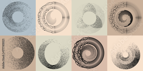 Lines and spirals in Circle Form .Rotate rounded shape Vector .Rotating dots form a circle .Rotating and linear design element . Various lines forming round shape . Abstract Geometric line art 