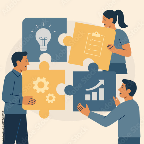 Flat vector illustration of office workers connecting large puzzle pieces with icons of growth, innovation, and planning. Symbol of teamwork, cooperation, and shared success. 