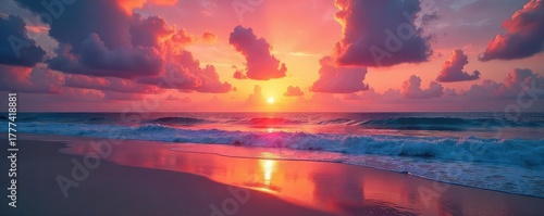 Stunning sunset over a tranquil beach, vibrant colors painting the sky and reflecting on the calm ocean waves Perfect for travel, vacation, or nature themes , red, blue