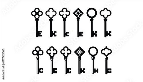 Collection of black antique and vintage skeleton keys with ornate bow designs on a white background vector