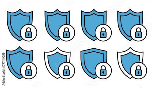 Eight blue shield icons with black outlines each featuring a padlock symbol inside a white circle security