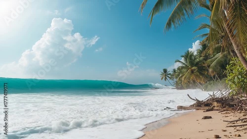 Wallpaper Mural Rising swell lifting ocean wave crashing onto beach, receding wet surface with driftwood logs Torontodigital.ca