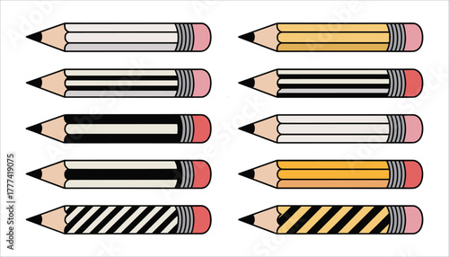 Ten colorful striped and solid pencils with pink erasers and graphite tips on white background writing