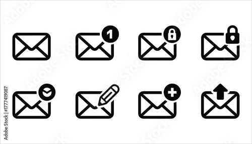 Set of eight black envelope icons showing different email actions and statuses on a white background