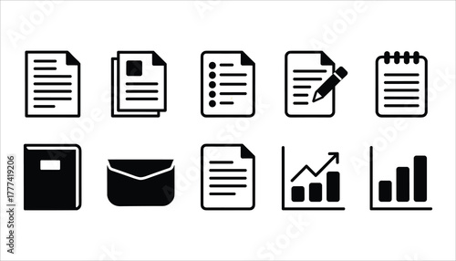 Collection of black and white icons representing documents reports mail and graphs on a white background