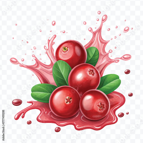 realistic cranberry  fruits with red liquid juice splash in different style isolated on transparent background