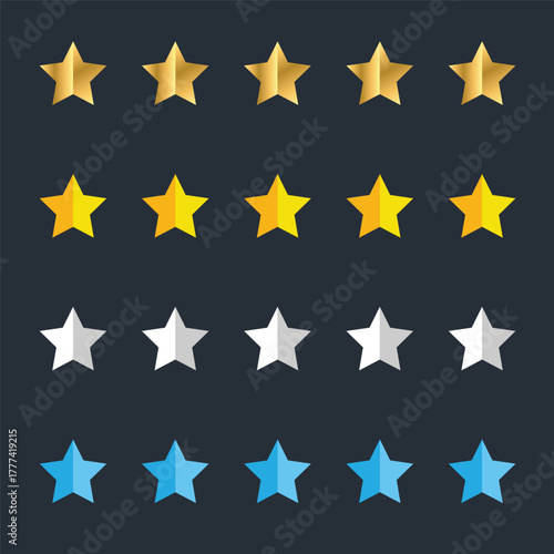Five golden stars rating showing best quality set collection. Five stars. gold 5 yellow star isolated on black background. high rank, rate