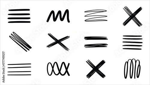 Collection of twelve black hand drawn abstract scribbles and marks on a white background bold