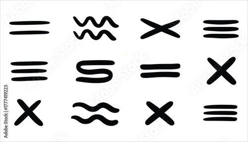 Twelve black hand drawn symbols including horizontal lines wavy lines X shapes and S shapes on white background
