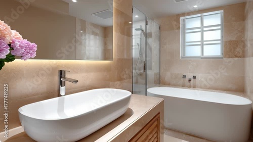 Wallpaper Mural Elegant bathroom interior showcasing modern design elements, featuring a stylish sink, luxurious bathtub, and vibrant floral arrangement, with a smooth camera pan highlighting the serene atmosphere Torontodigital.ca