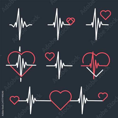 heart beat line pulse rhythm icon. Love line pulse rhythm icon set collection