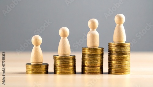 Four wooden figurines on ascending stacks of gold coins symbolizing financial growth and inequality.