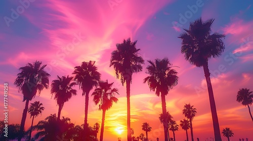 Palm trees against a vibrant sunset sky with pink and orange color gradients