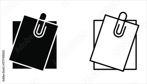 Black and white icon of two paper sheets held together by a paperclip office supplies