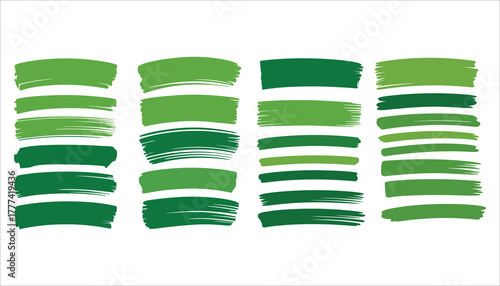 Collection of green brush stroke elements with varying textures and shades on white background green paint stroke