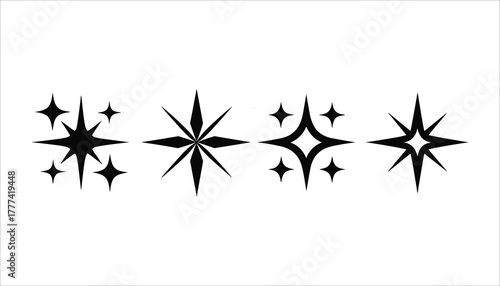 Collection of four black starburst shapes and four smaller star shapes on a white background sparkle