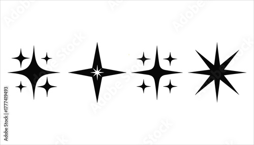 Four black starburst shapes and a star shape on a white background sparkle shine