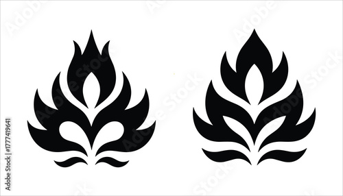 Two black stylized flame or leaf shapes facing each other on a white background fire abstract