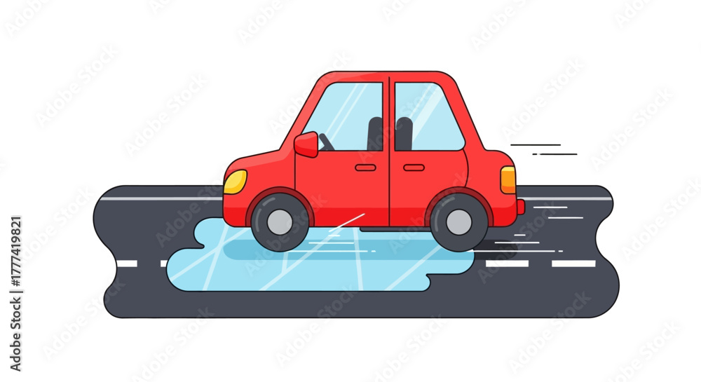 Naklejka premium Red cartoon car hydroplaning and skidding on a slippery icy road. Flat Vector Illustrations. EPS Editable