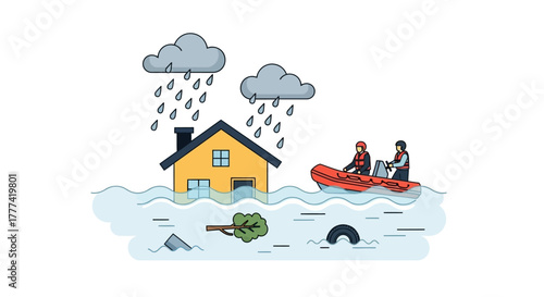 Rescue team in an inflatable boat saving people from a flooded house. Flat Vector Illustrations. EPS Editable