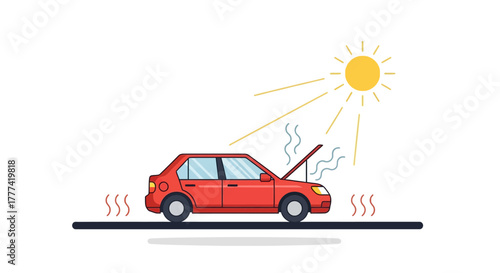 Red car with an overheated engine broken down on a hot sunny day. Flat Vector Illustrations. EPS Editable