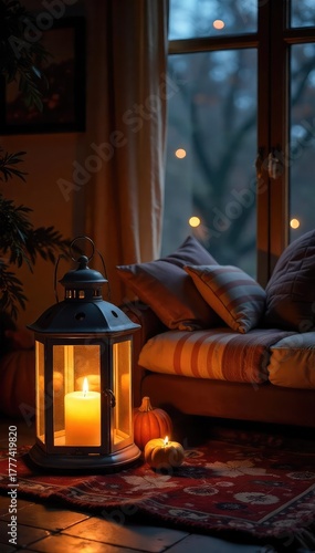 Warm, inviting glow of lanterns illuminating a cozy home interior at night Perfect for autumn, hygge, and home decor themes Soft light creates a peaceful atmosphere , evening, soft light, room