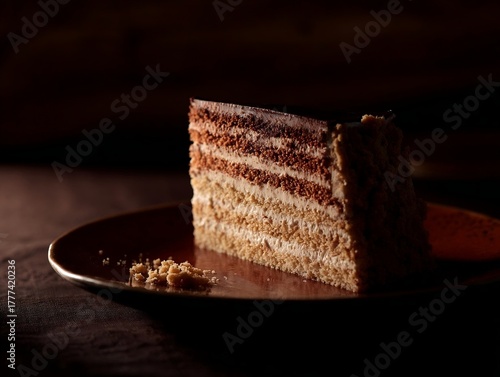 A delicious-looking slice of layered cake is served on a dark plate, with warm lighting highlighting its soft texture and chocolate cream layers.