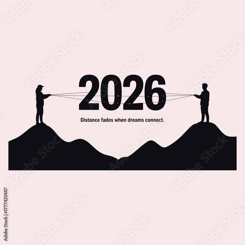 Two silhouettes connecting the year 2026 with strings across hills new year future
