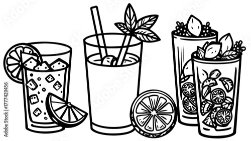 Very beautiful assortment of refreshing summer beverages with citrus fruits, berries, mint leaves, and ice cubes, displayed in bright glasses capturing the freshness and vibrant colors of the season.