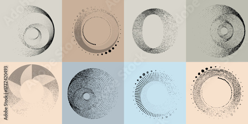 Lines and spirals in Circle Form .Rotate rounded shape Vector .Rotating dots form a circle .Rotating and linear design element . Various lines forming round shape . Abstract Geometric line art 
