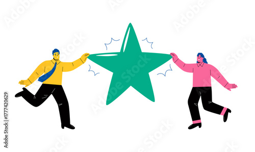 Business men and women join together to pull the stars. The competition was successful. Flat vector illustration isolated on white background
