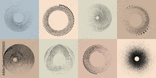 Lines and spirals in Circle Form .Rotate rounded shape Vector .Rotating dots form a circle .Rotating and linear design element . Various lines forming round shape . Abstract Geometric line art 