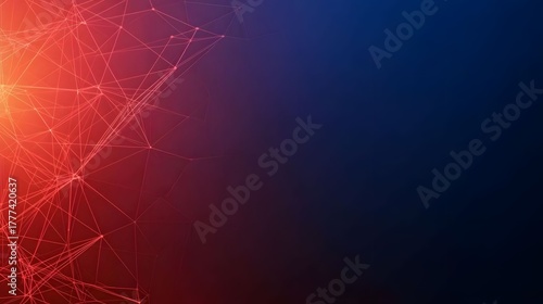 The image features a network of interconnected red lines and dots on the left, transitioning to a blend of red and blue gradients that fade into a dark blue on the right.