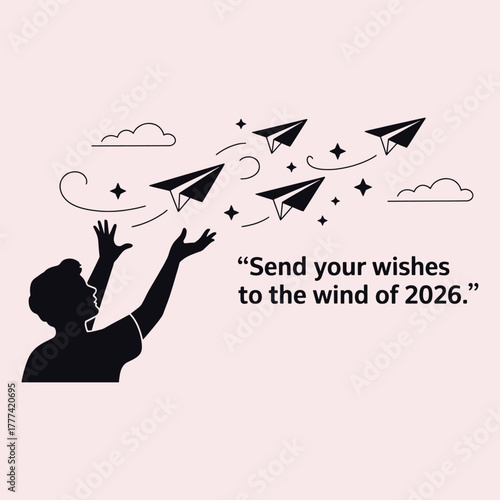 Silhouette of person reaching for black paper airplanes flying with stars and clouds wish hope