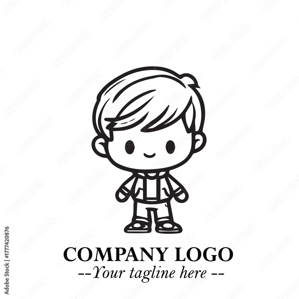 Obraz premium Black and White Chibi Boy Illustration with Jacket and Boots in Bold Thick Line Art Minimal Style 