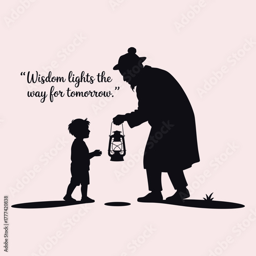 Silhouette of an elder man handing a lantern to a young boy with a quote about wisdom child