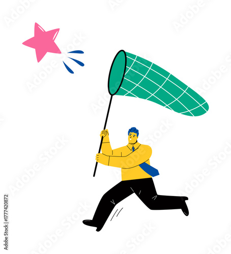 Business man runs and catches a star. Flat vector illustration isolated on white background