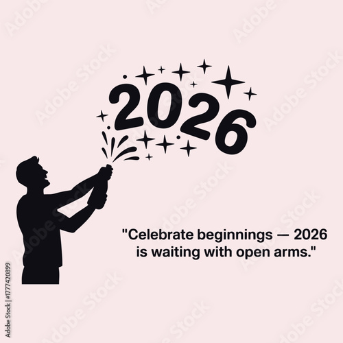 Silhouette of man popping champagne bottle with 2026 and stars exploding on pink background new year