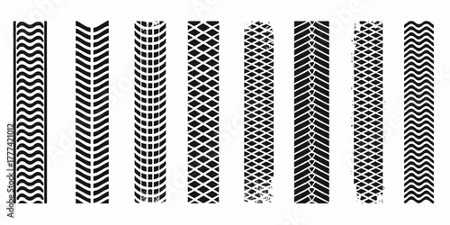 Vector set of black tire track patterns and tread marks illustrating the rubber texture and design for car, bike, and truck industry illustrations