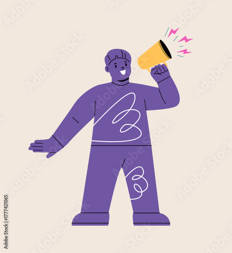 Boy excitedly shouting into megaphone. Colorful vector illustration