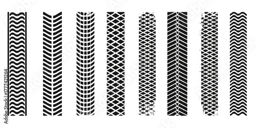 Vector illustration set of black tire track patterns with metallic texture for auto, car, bike, and truck industry design