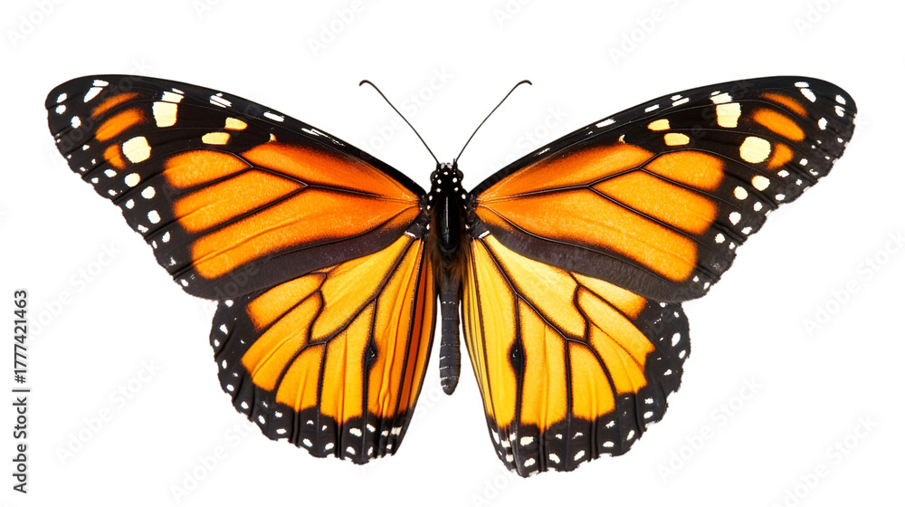 Fototapeta premium Vibrant monarch butterfly with symmetrical wings against a stark black studio background view