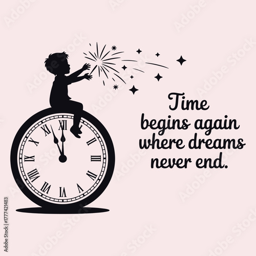 Silhouette of child sitting on clock face holding sparkler with stars and text time