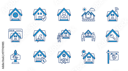 Home thin blue icon set. Containing house, insurance, owner, town, smart home, homepage, energy, landlord, moving, key. Vector illustration
