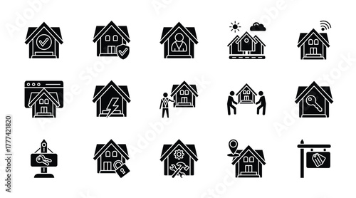 Home thin glyph icon set. Containing house, insurance, owner, town, smart home, homepage, energy, landlord, moving, key. Vector illustration