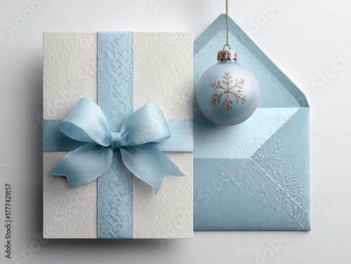 Elegant Blue Gift Box and Ornament on Soft Background