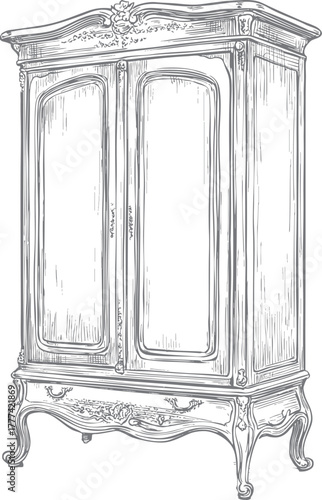 Vintage engraving-style ornate wardrobe illustrated in soft beige, warm ivory, charcoal, perfect for  interior décor themes.