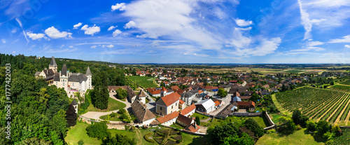 Austrian most scenic medieval castles and villages. Maissau Castle is a well-preserved castle in Hollabrunn in Lower Austria. aerial drone  view of picturesque countryside with vineyards. 