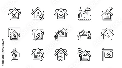Home thin line icon set. Containing house, insurance, owner, town, smart home, homepage, energy, landlord, moving, key. Vector illustration