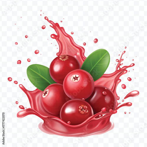 realistic cranberry  fruits with red liquid juice splash in different style isolated on transparent background